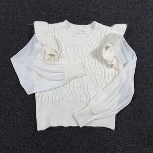Anthropologie Cable Knit Pull Over Sweater Womens Small Ruffle Ivory Sheer